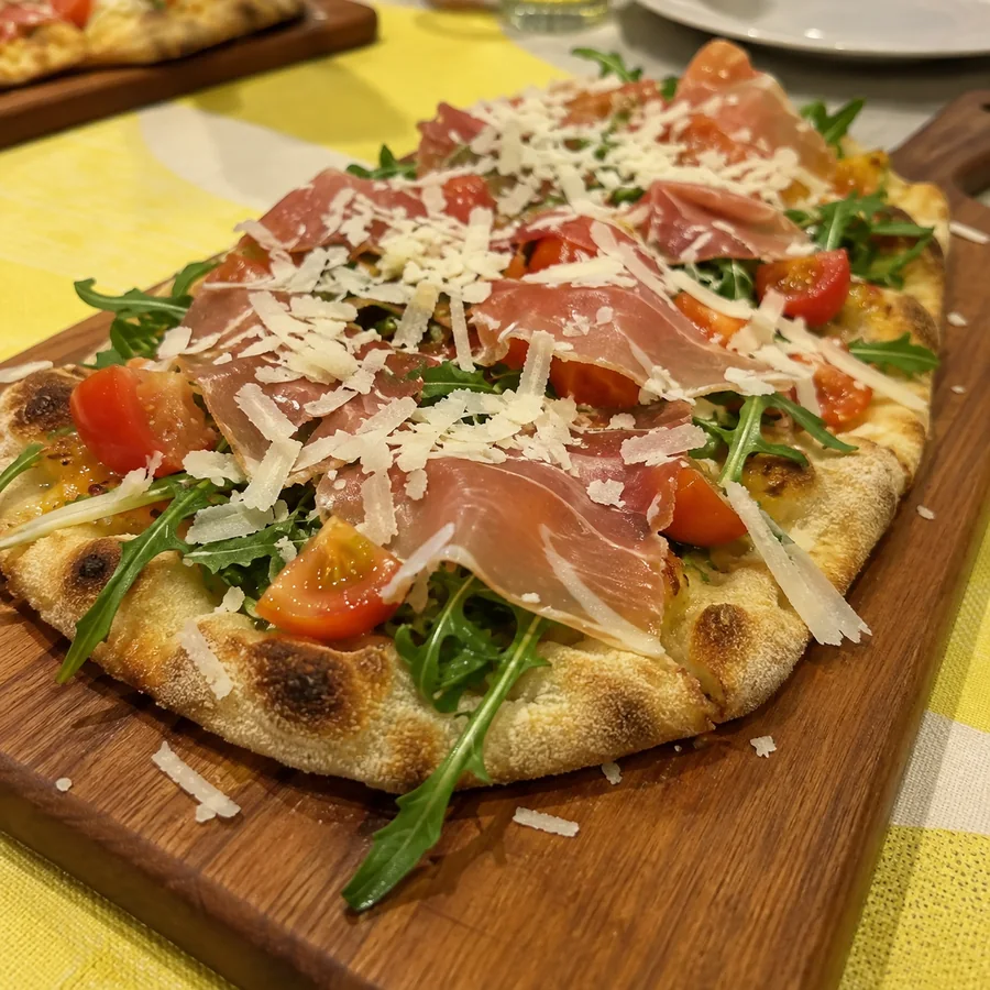 Pinsa guarnita servita su tagliere
