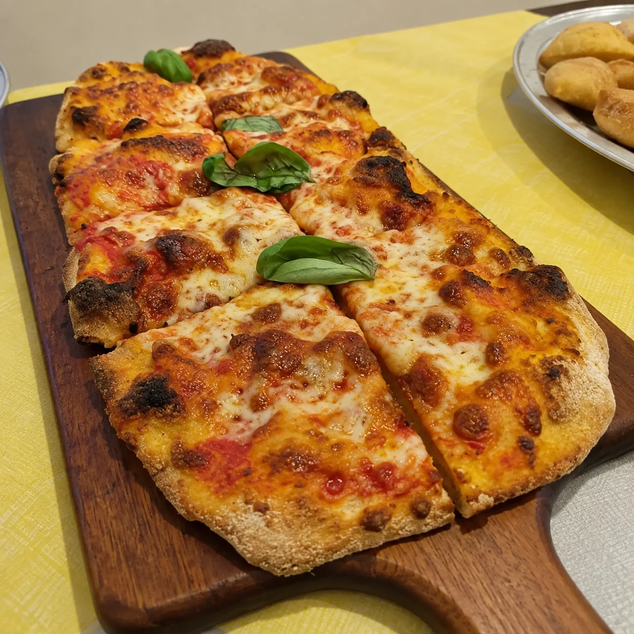 Pinsa al pomodoro e basilico servita su tagliere